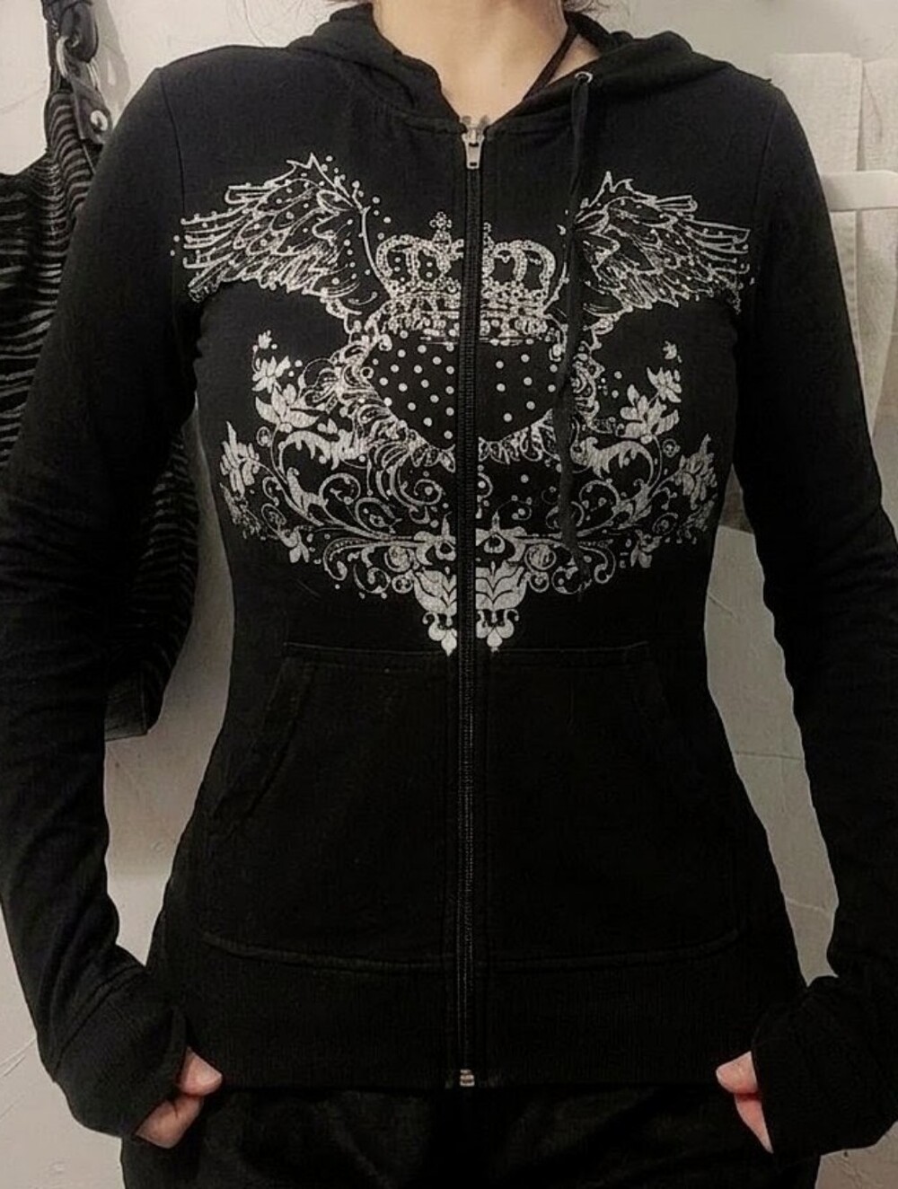 Y2k 2000s Say What Zip Up Rhinestone Paisley Angel Wing Bling Hoodie